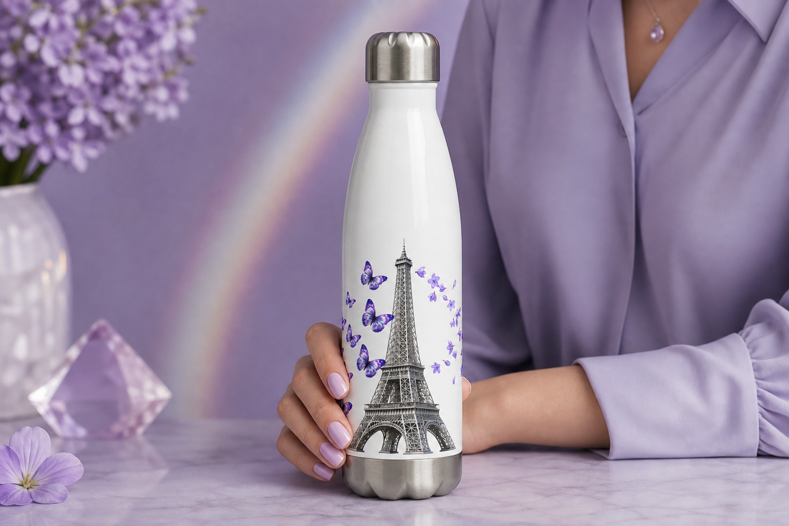 tsgabrielle® • Paris - Torre Eiffel • Garrafa de Água • Branco • Aço Inoxidável • 17 oz - 500ml - View 14